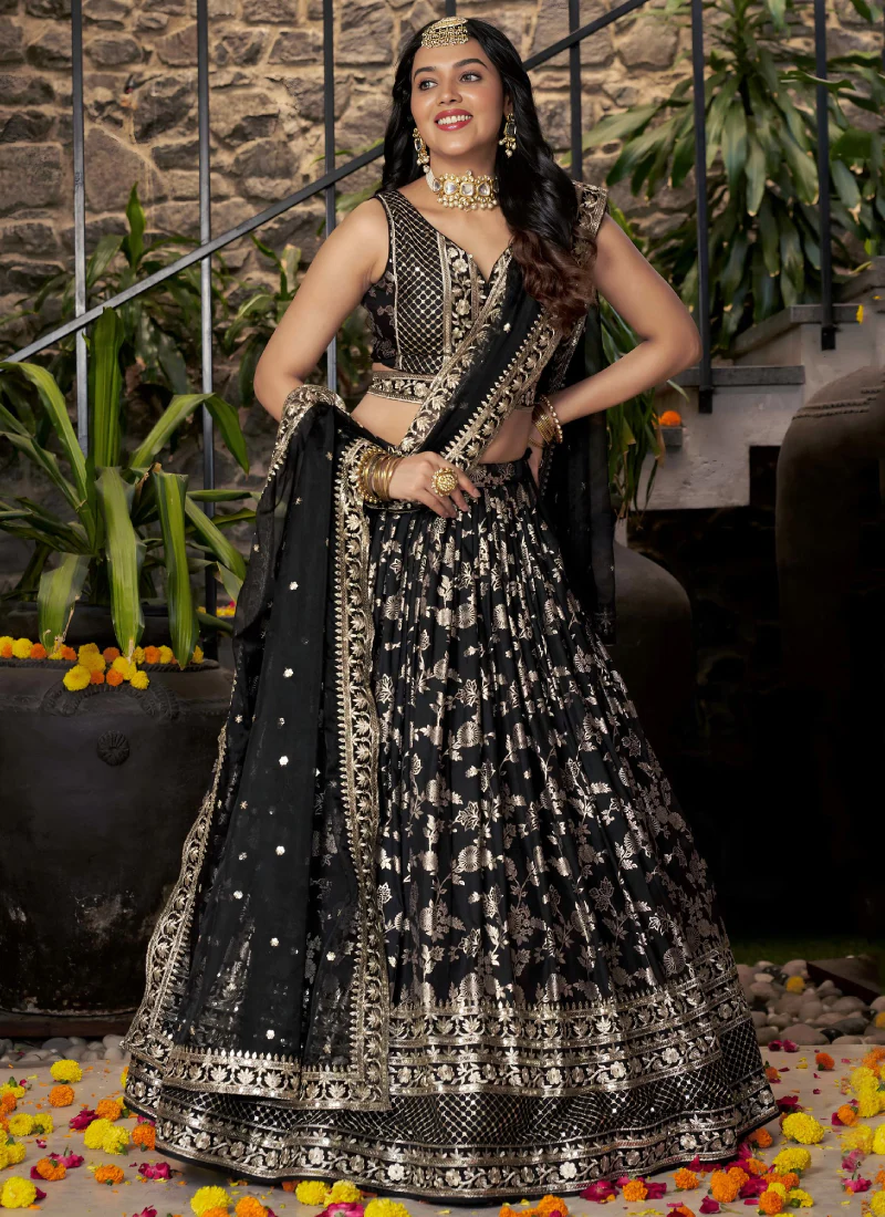 Party Wear Zari Weaving Embroidered Jacquard Silk Black Lehenga Choli - Image 3