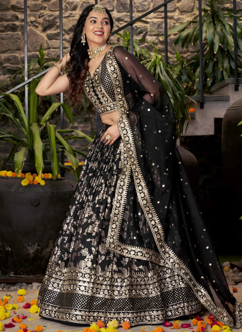 Party Wear Zari Weaving Embroidered Jacquard Silk Black Lehenga Choli - Image 4