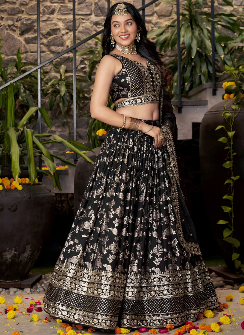 Party Wear Zari Weaving Embroidered Jacquard Silk Black Lehenga Choli - Image 5