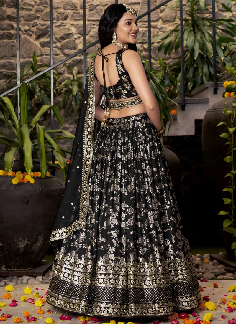 Party Wear Zari Weaving Embroidered Jacquard Silk Black Lehenga Choli - Image 6