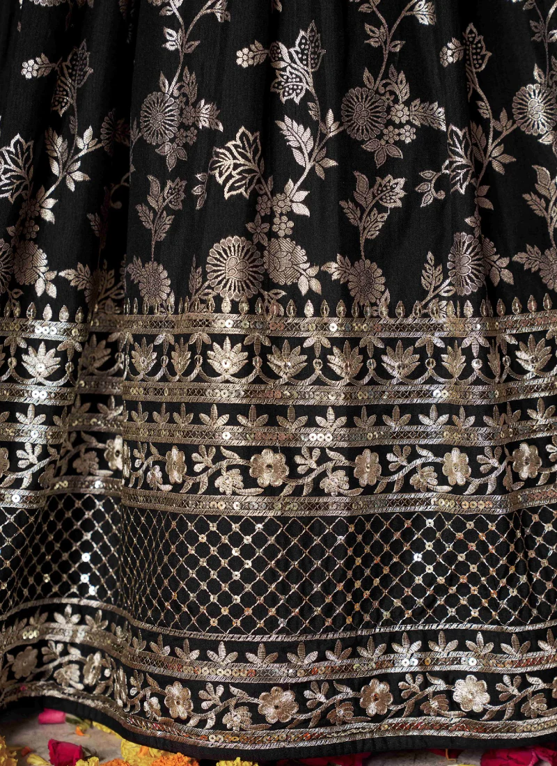 Party Wear Zari Weaving Embroidered Jacquard Silk Black Lehenga Choli - Image 8
