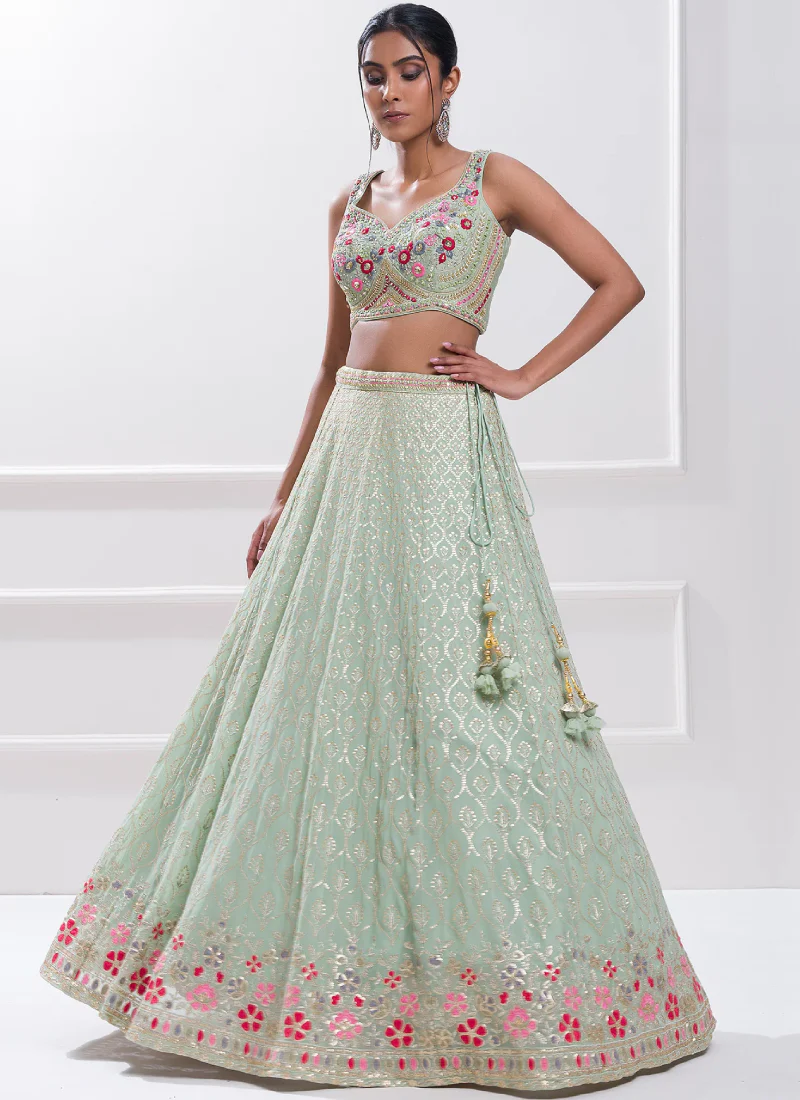 Pastel Green Thread Embroidery Georgette Designer Lehenga Choli - Image 2