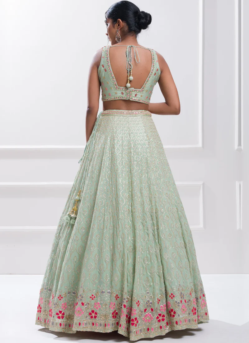 Pastel Green Thread Embroidery Georgette Designer Lehenga Choli - Image 3