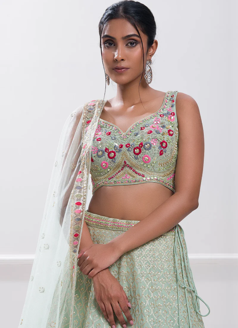 Pastel Green Thread Embroidery Georgette Designer Lehenga Choli - Image 4