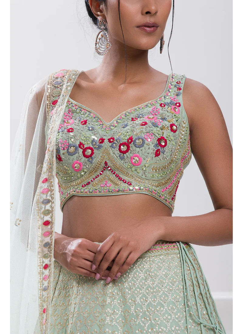 Pastel Green Thread Embroidery Georgette Designer Lehenga Choli - Image 5