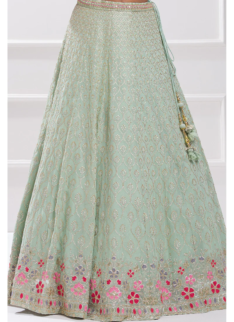 Pastel Green Thread Embroidery Georgette Designer Lehenga Choli - Image 6