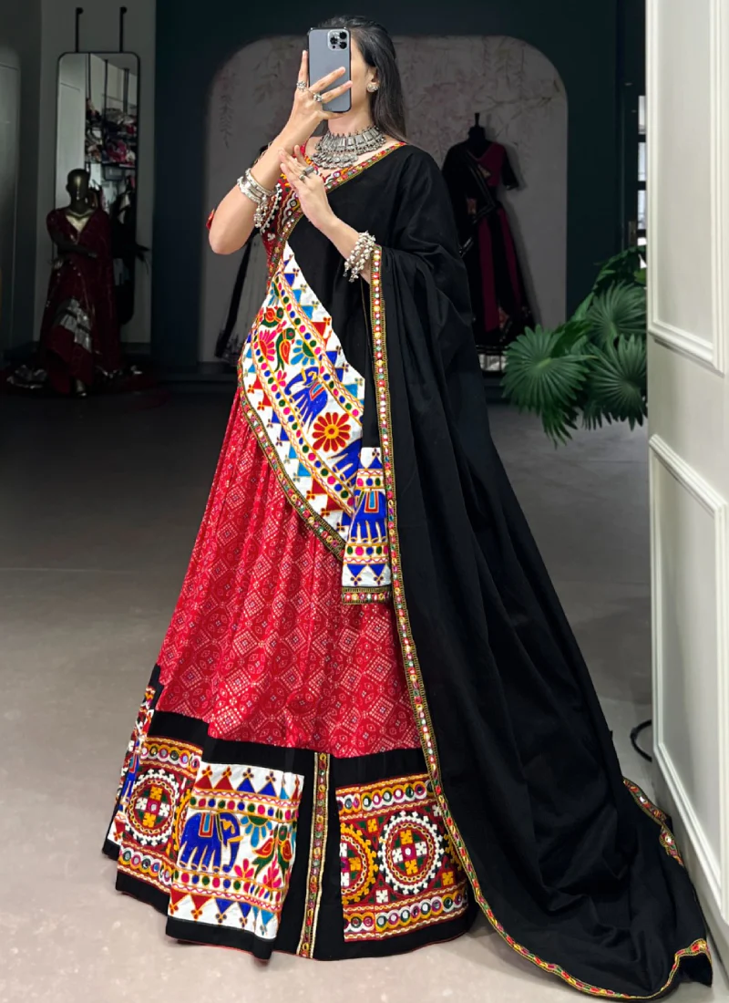 Patola Printed Gamthi Work Navratri Special Cotton Red Ghagra Choli - Image 5