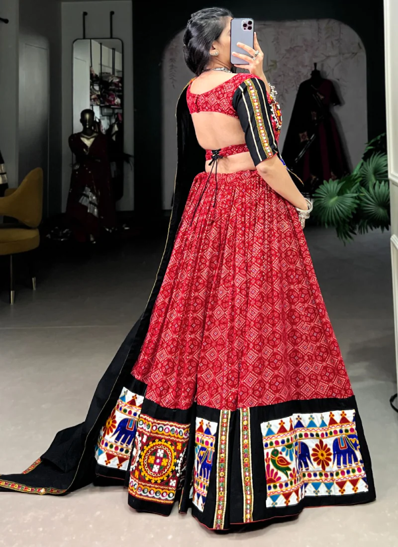 Patola Printed Gamthi Work Navratri Special Cotton Red Ghagra Choli - Image 7