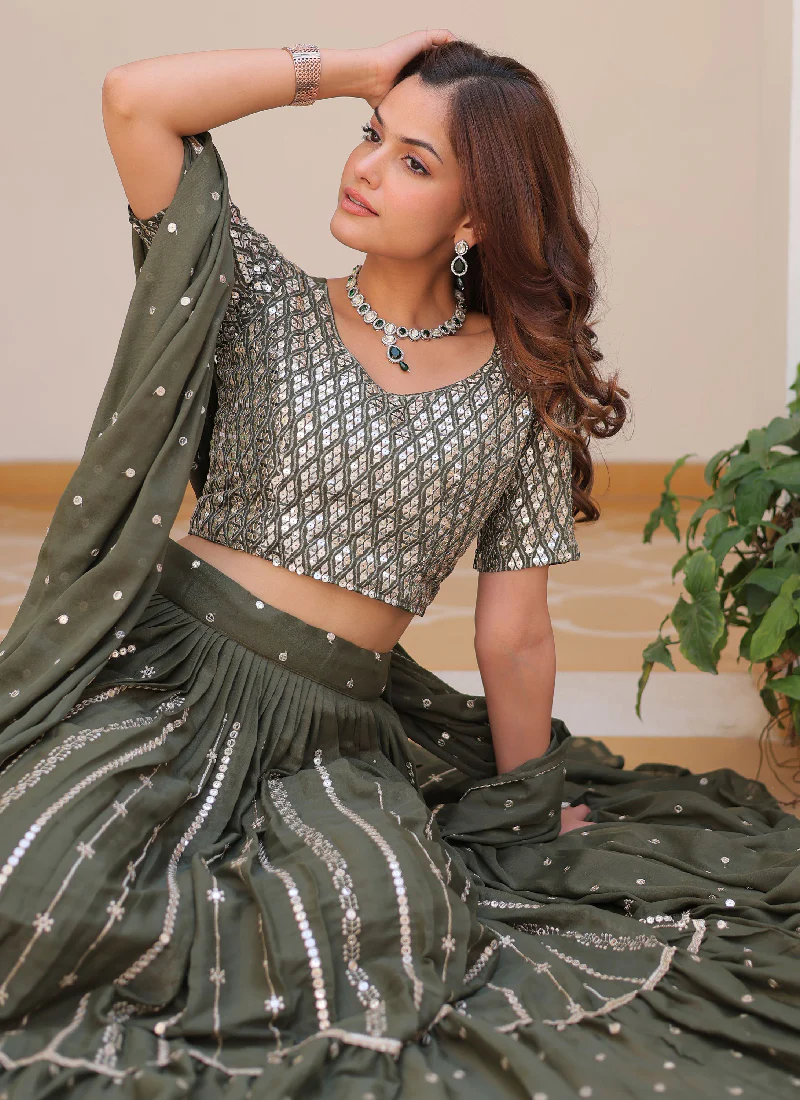 Perfect Mehendi Green Georgette Sequence Embroidered Lehenga Choli - Image 5