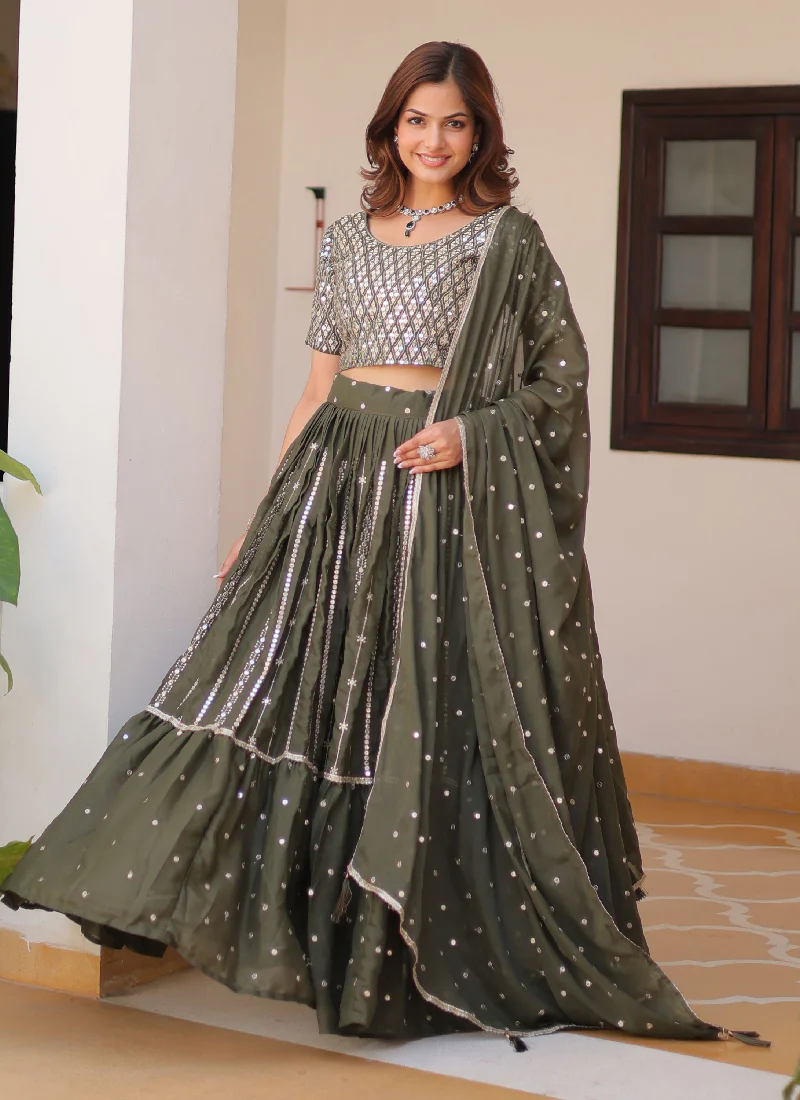 Perfect Mehendi Green Georgette Sequence Embroidered Lehenga Choli - Image 7