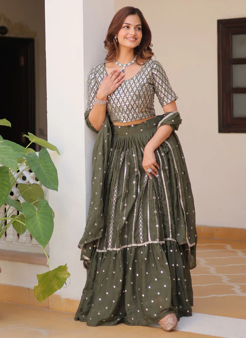 Perfect Mehendi Green Georgette Sequence Embroidered Lehenga Choli - Image 8