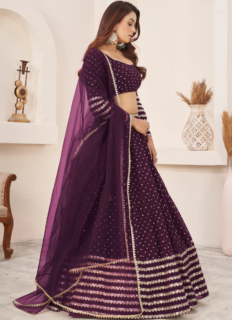 Perfect Sequence Embroidered Work Georgette Wine Lehenga Choli - Image 2