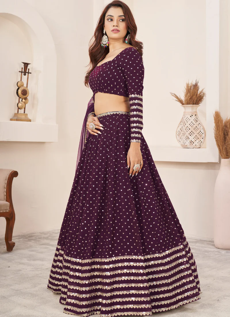 Perfect Sequence Embroidered Work Georgette Wine Lehenga Choli - Image 3