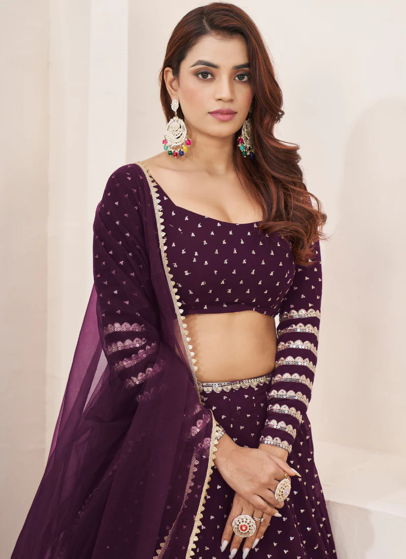 Perfect Sequence Embroidered Work Georgette Wine Lehenga Choli - Image 5