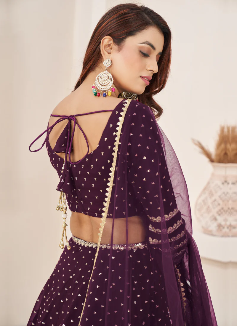 Perfect Sequence Embroidered Work Georgette Wine Lehenga Choli - Image 6