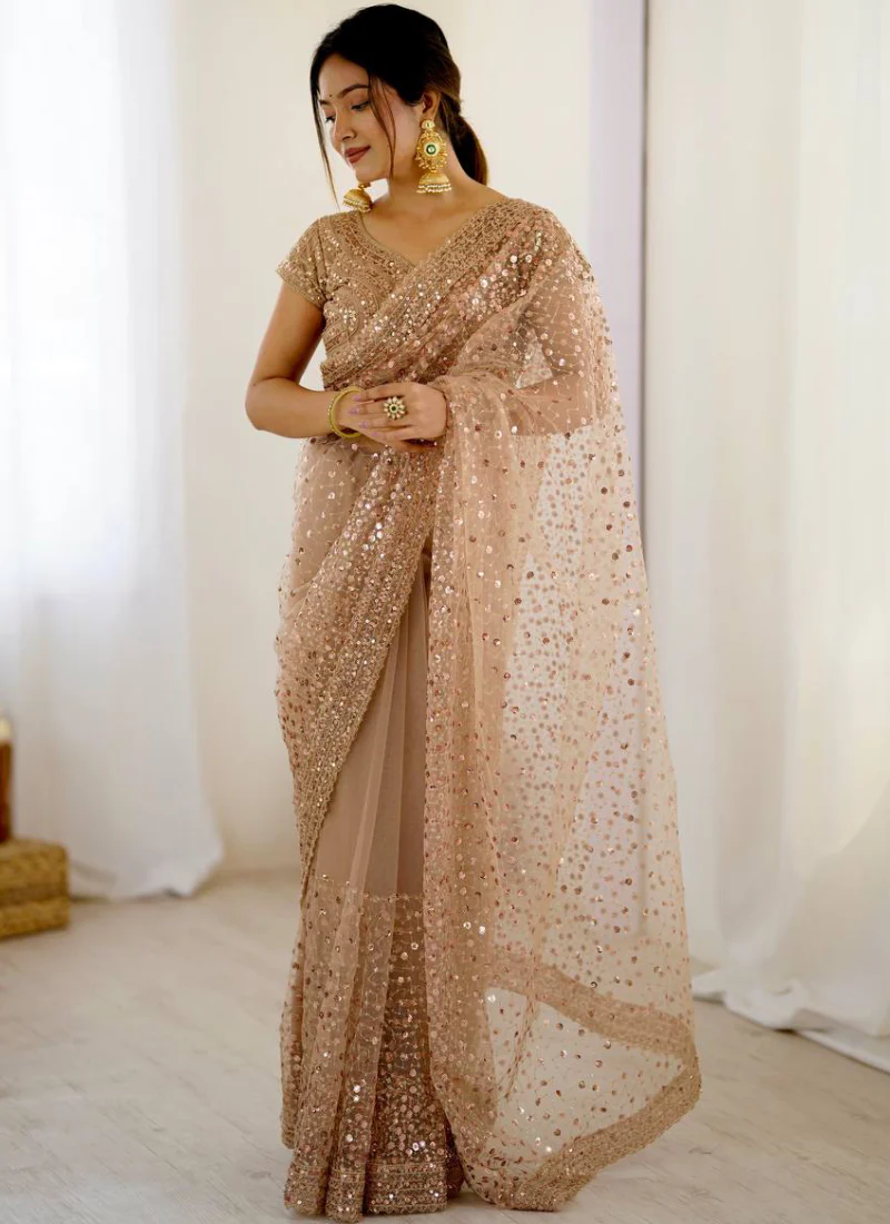 Perfect Sequence Embroidery Beige Party Wear Net Saree With Blouse - Image 3