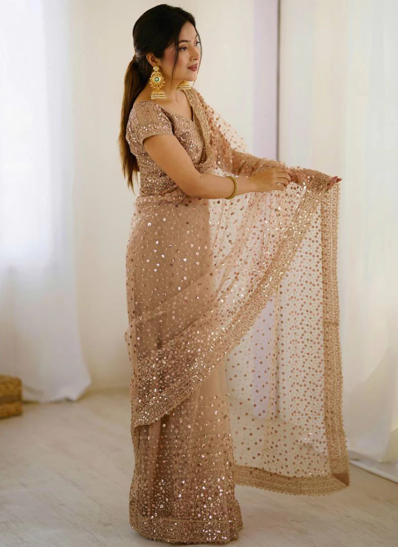 Perfect Sequence Embroidery Beige Party Wear Net Saree With Blouse - Image 4