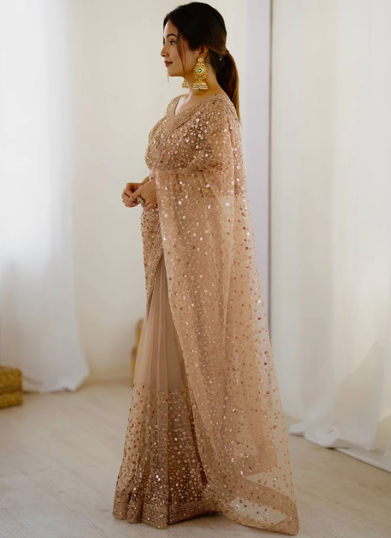 Perfect Sequence Embroidery Beige Party Wear Net Saree With Blouse - Image 5