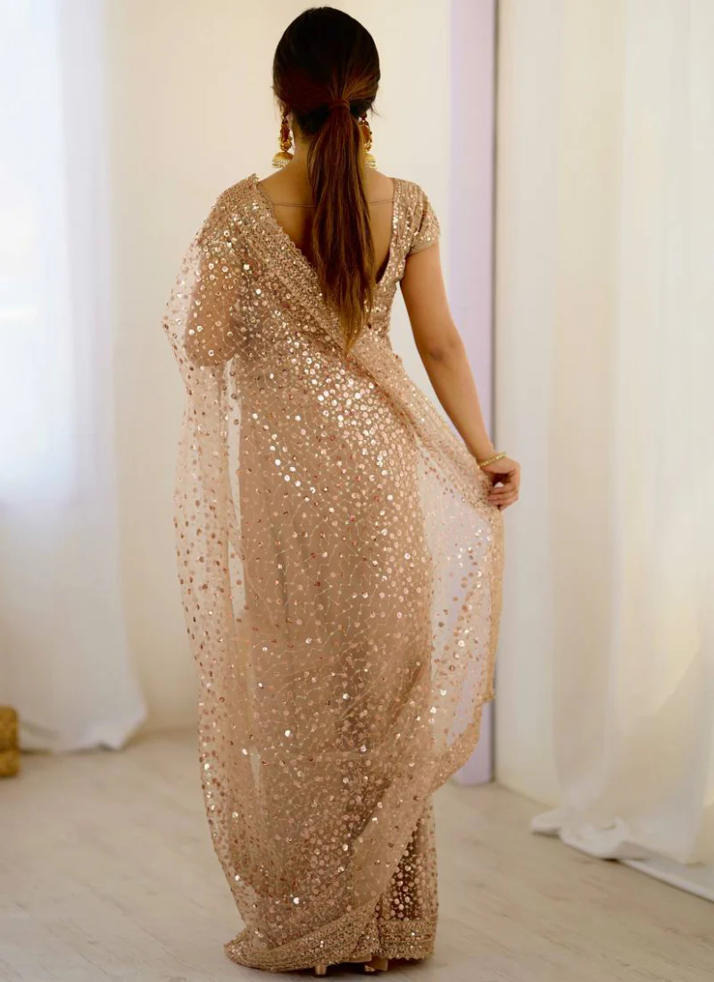 Perfect Sequence Embroidery Beige Party Wear Net Saree With Blouse - Image 6