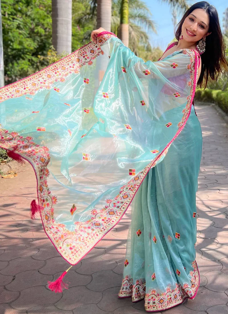 Pink Blouse With Thread Embroidered Sky Blue Net Reception Wear Saree - Image 3