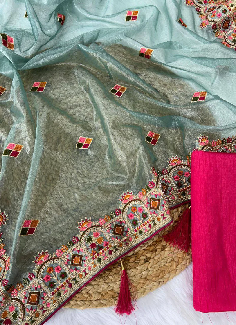 Pink Blouse With Thread Embroidered Sky Blue Net Reception Wear Saree - Image 4