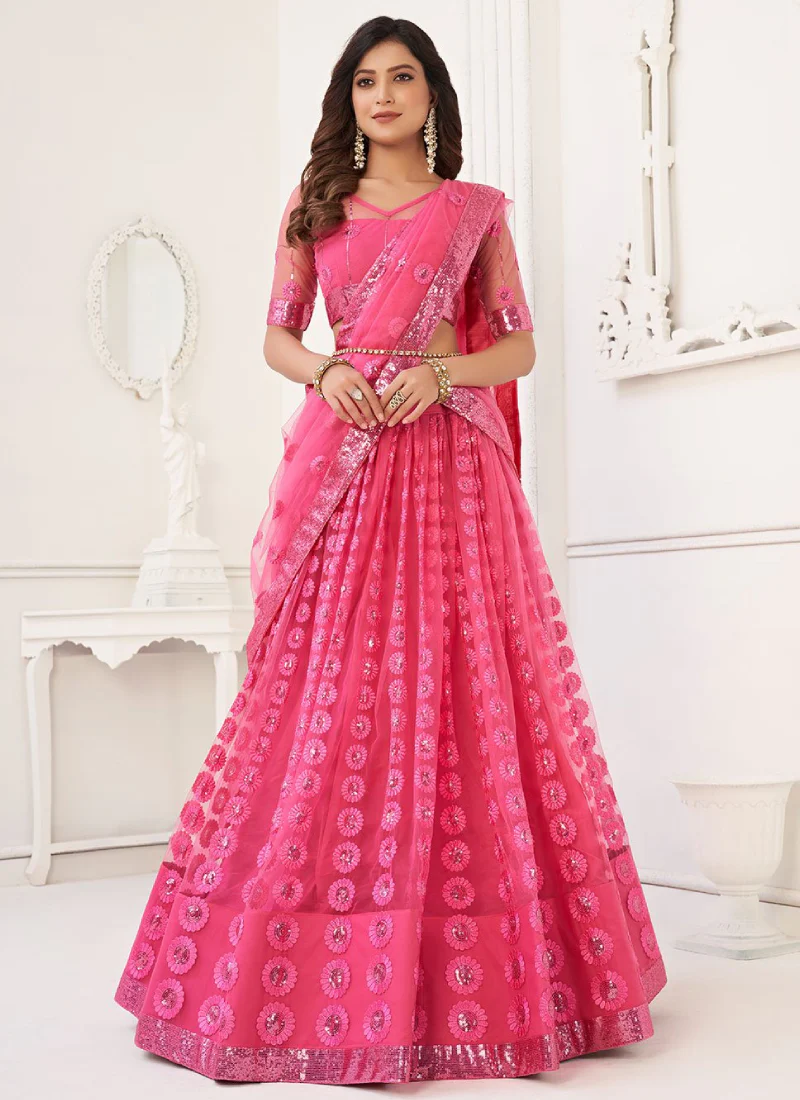 Pink Sequence Embroidery Work Soft Net Lehenga Choli For Women - Image 2