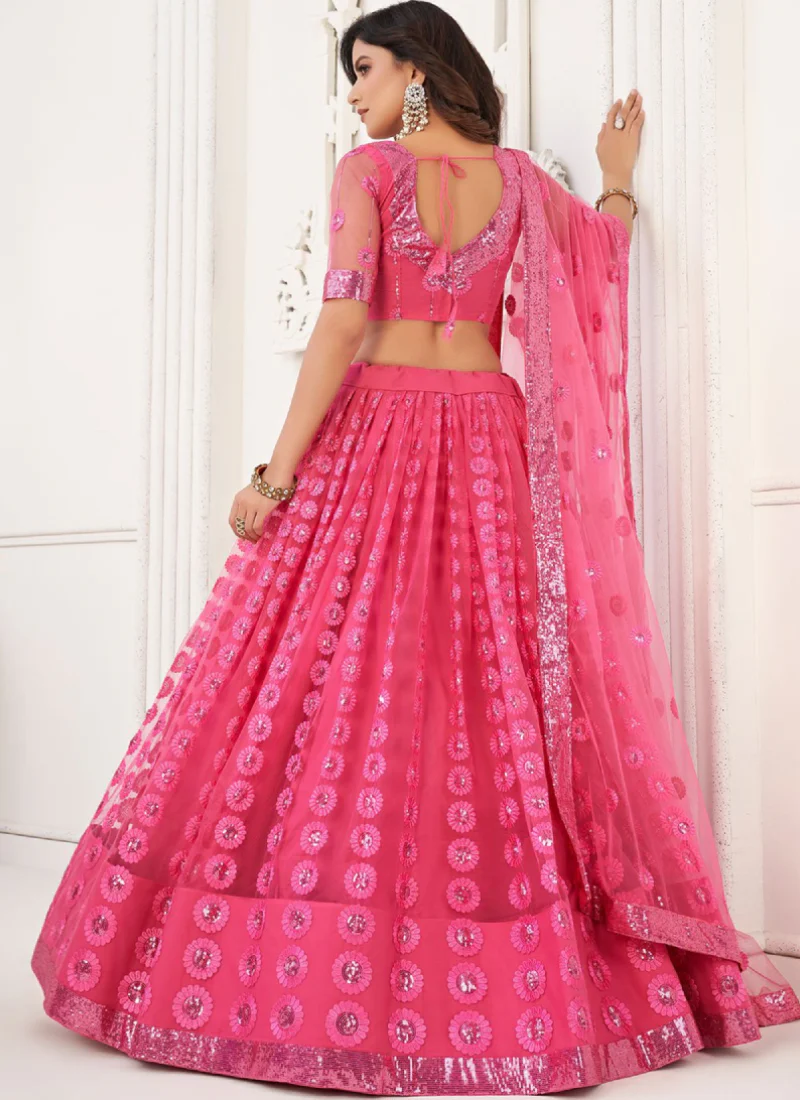 Pink Sequence Embroidery Work Soft Net Lehenga Choli For Women - Image 3