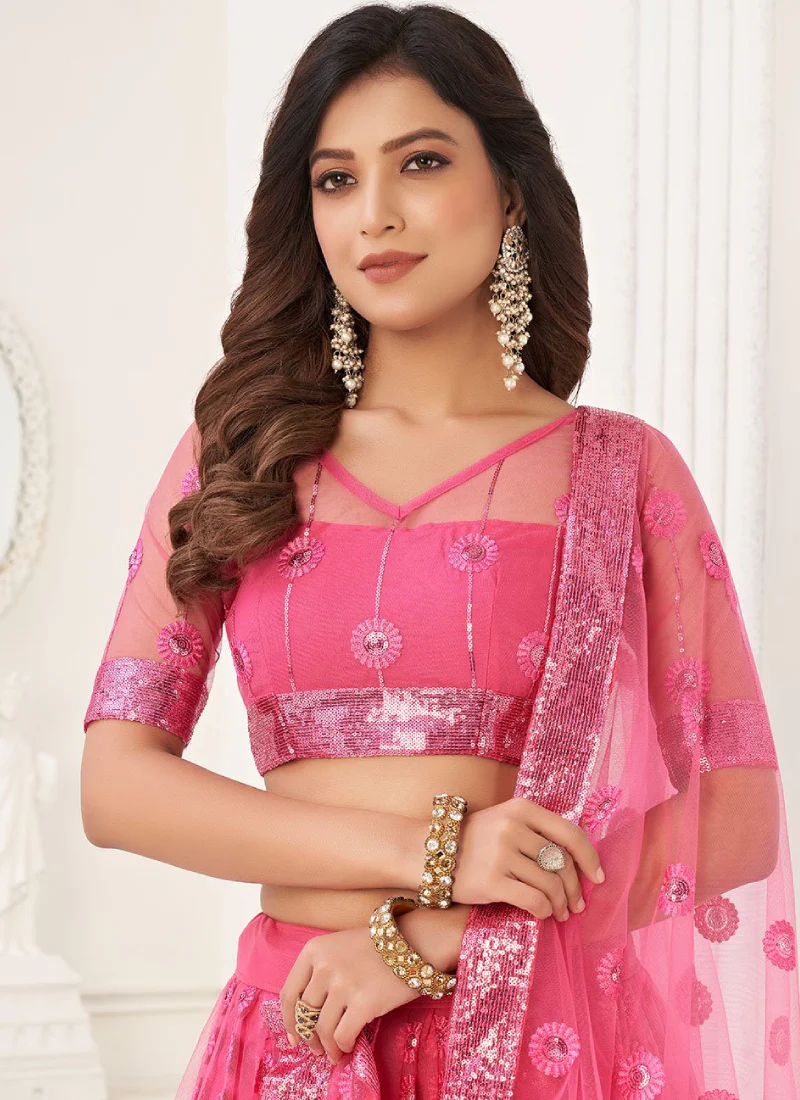 Pink Sequence Embroidery Work Soft Net Lehenga Choli For Women - Image 4