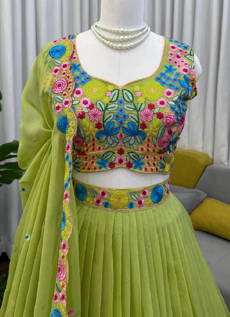 Pista Green Organza Multi Thread Embroidered Work Lehenga Choli Set - Image 2