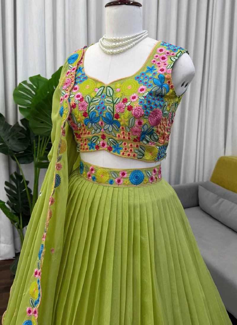 Pista Green Organza Multi Thread Embroidered Work Lehenga Choli Set - Image 3