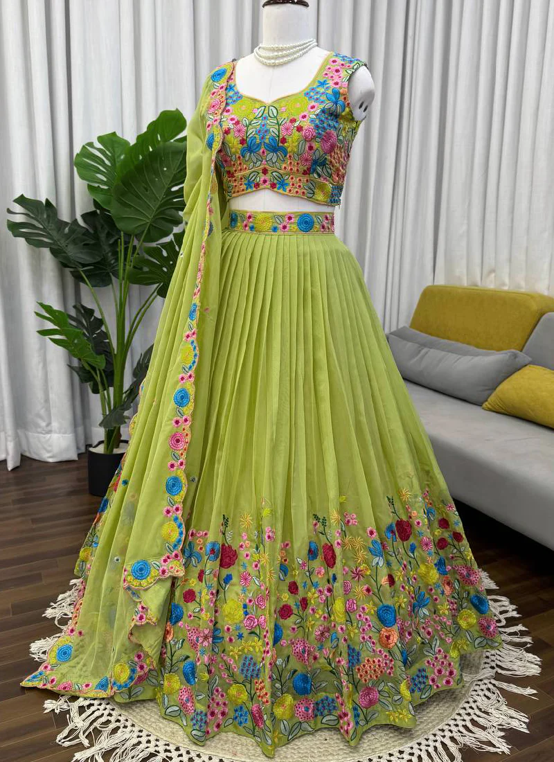 Pista Green Organza Multi Thread Embroidered Work Lehenga Choli Set - Image 4