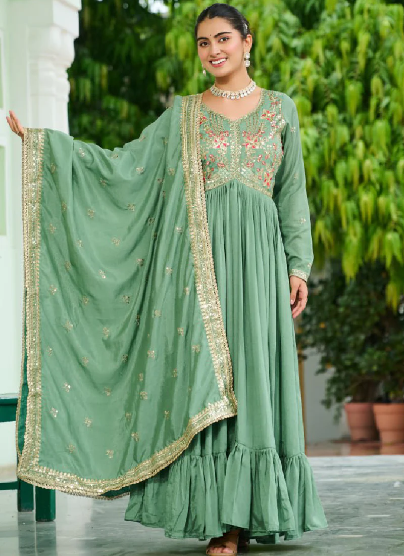 Pista Green Vichitra Silk Zari Embroidered Work Long Anarkali Gown - Image 3