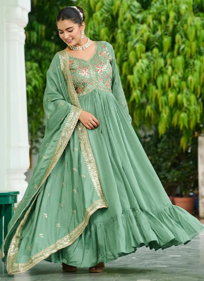Pista Green Vichitra Silk Zari Embroidered Work Long Anarkali Gown - Image 4