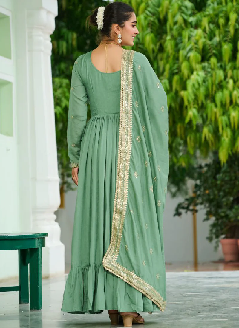 Pista Green Vichitra Silk Zari Embroidered Work Long Anarkali Gown - Image 6