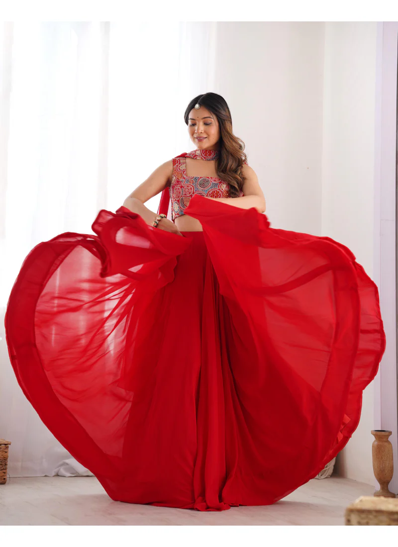 Precious Red Embroidered Party Wear Georgette Lehenga Choli With Dupatta - Image 2