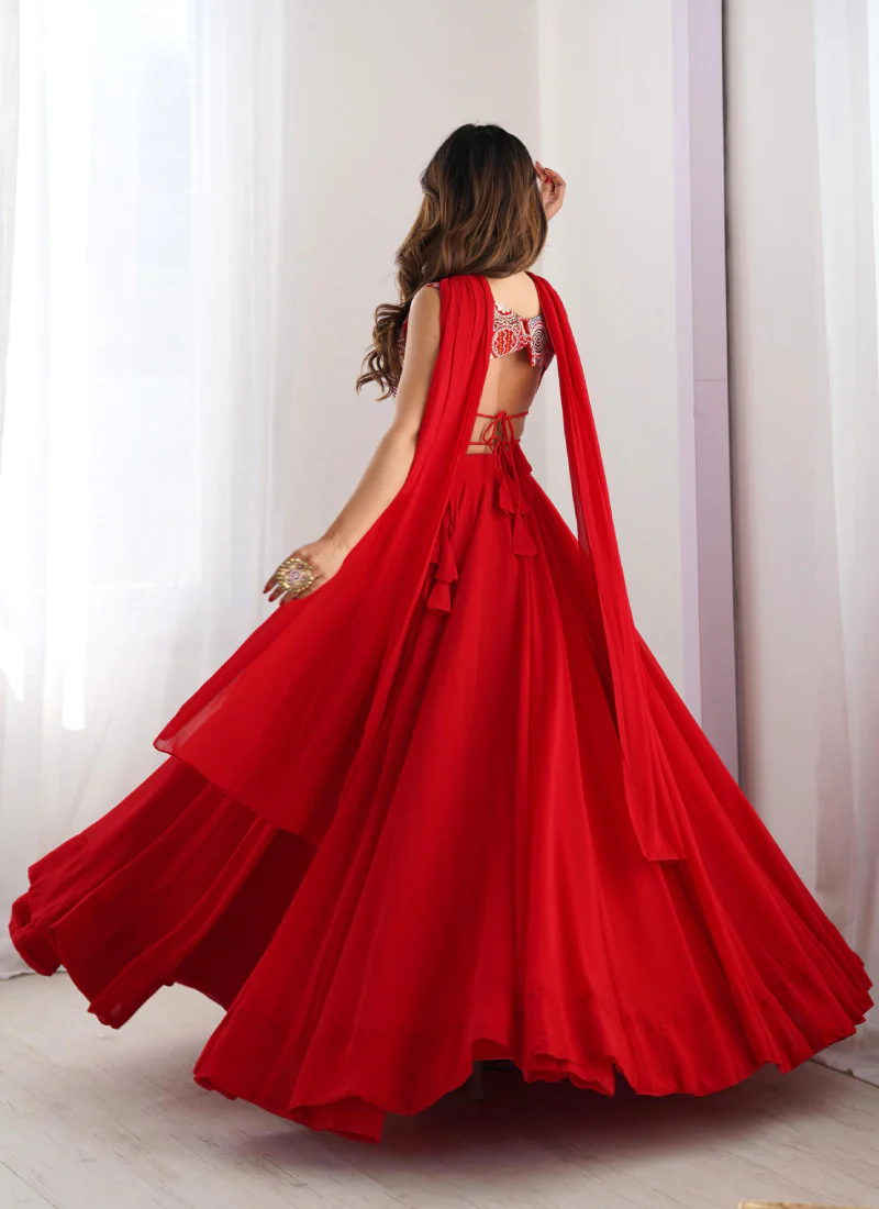 Precious Red Embroidered Party Wear Georgette Lehenga Choli With Dupatta - Image 3
