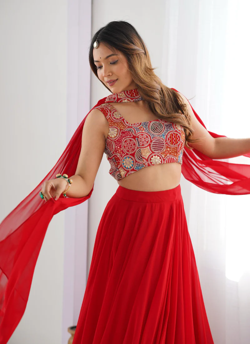 Precious Red Embroidered Party Wear Georgette Lehenga Choli With Dupatta - Image 5