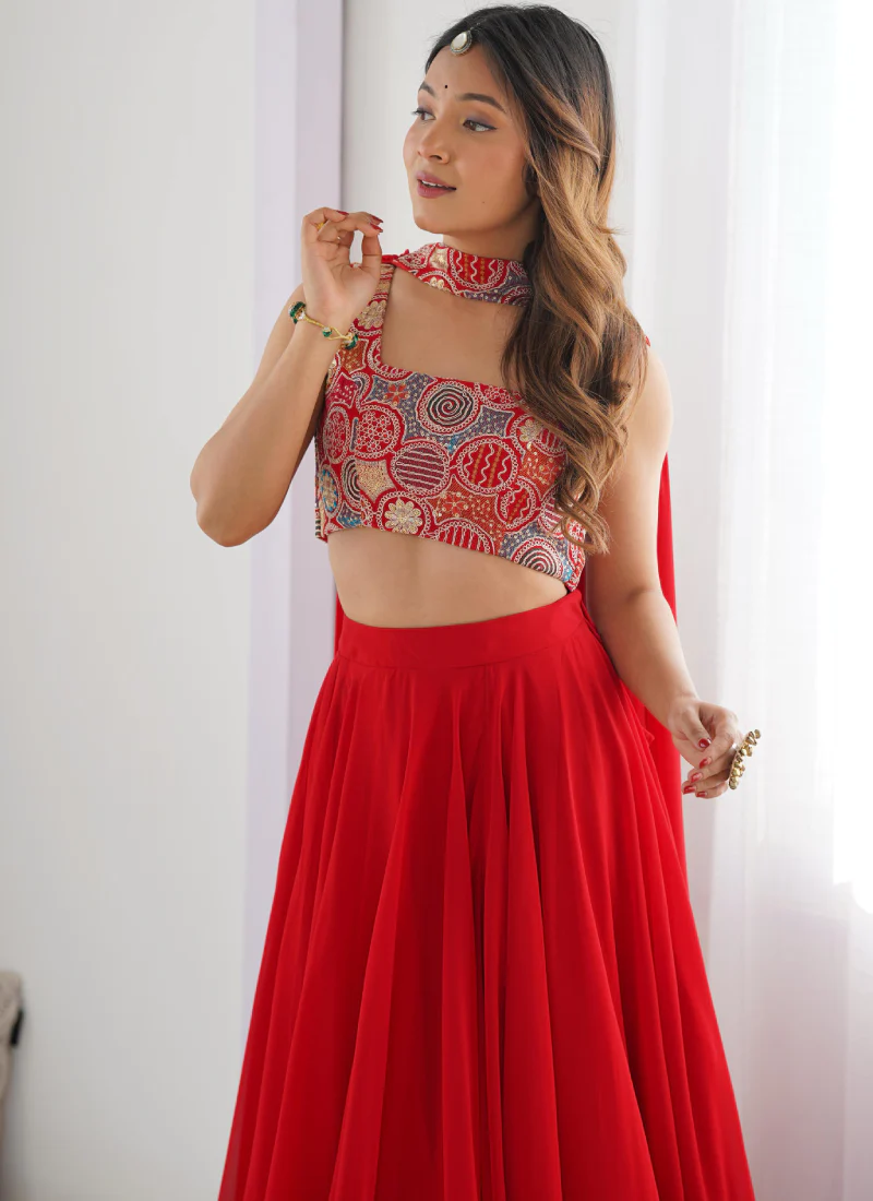 Precious Red Embroidered Party Wear Georgette Lehenga Choli With Dupatta - Image 6