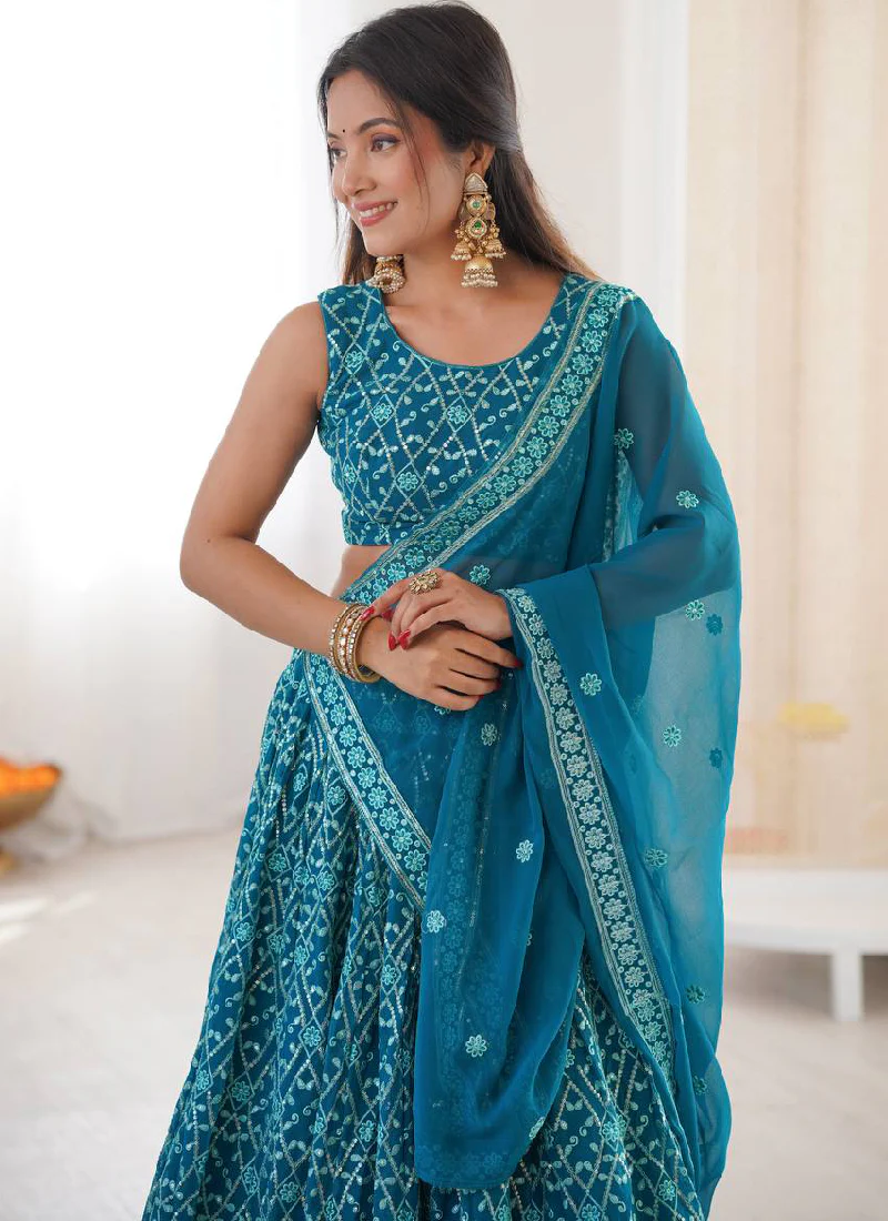 Premium Faux Georgette Blue Thread Embroidered Lucknowi Lehenga Choli - Image 2