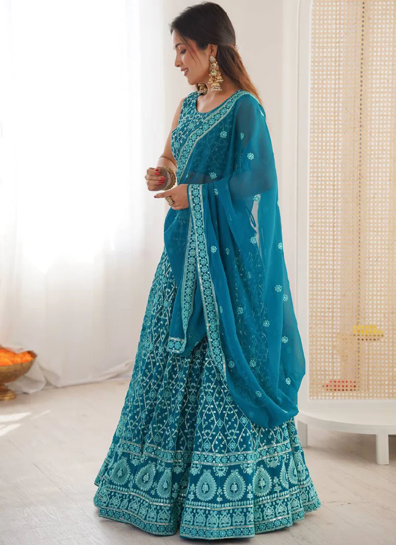 Premium Faux Georgette Blue Thread Embroidered Lucknowi Lehenga Choli - Image 4