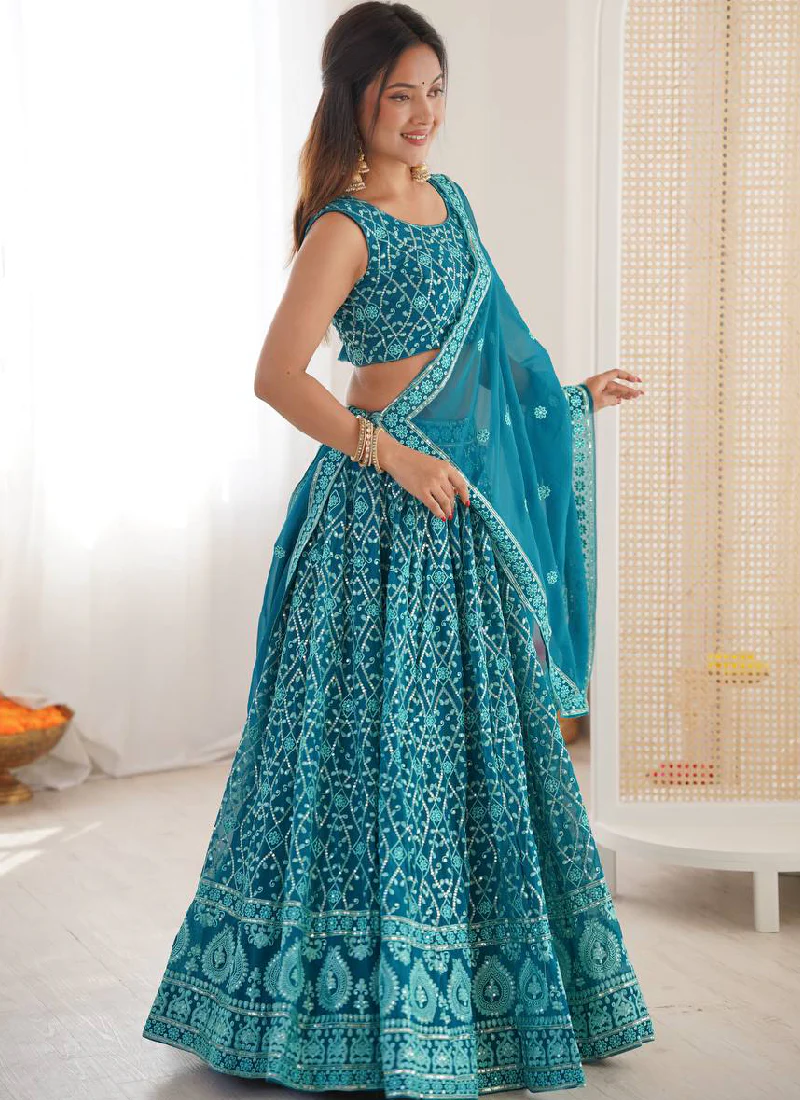 Premium Faux Georgette Blue Thread Embroidered Lucknowi Lehenga Choli - Image 5