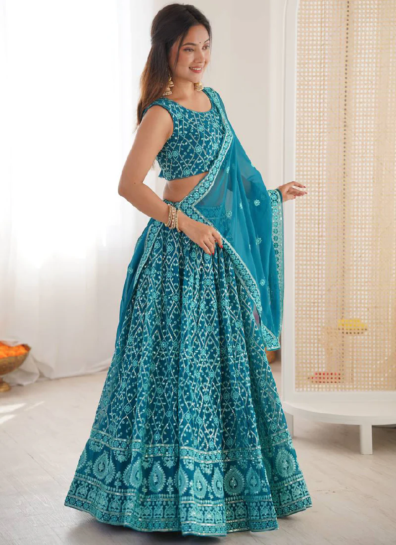 Premium Faux Georgette Blue Thread Embroidered Lucknowi Lehenga Choli - Image 6