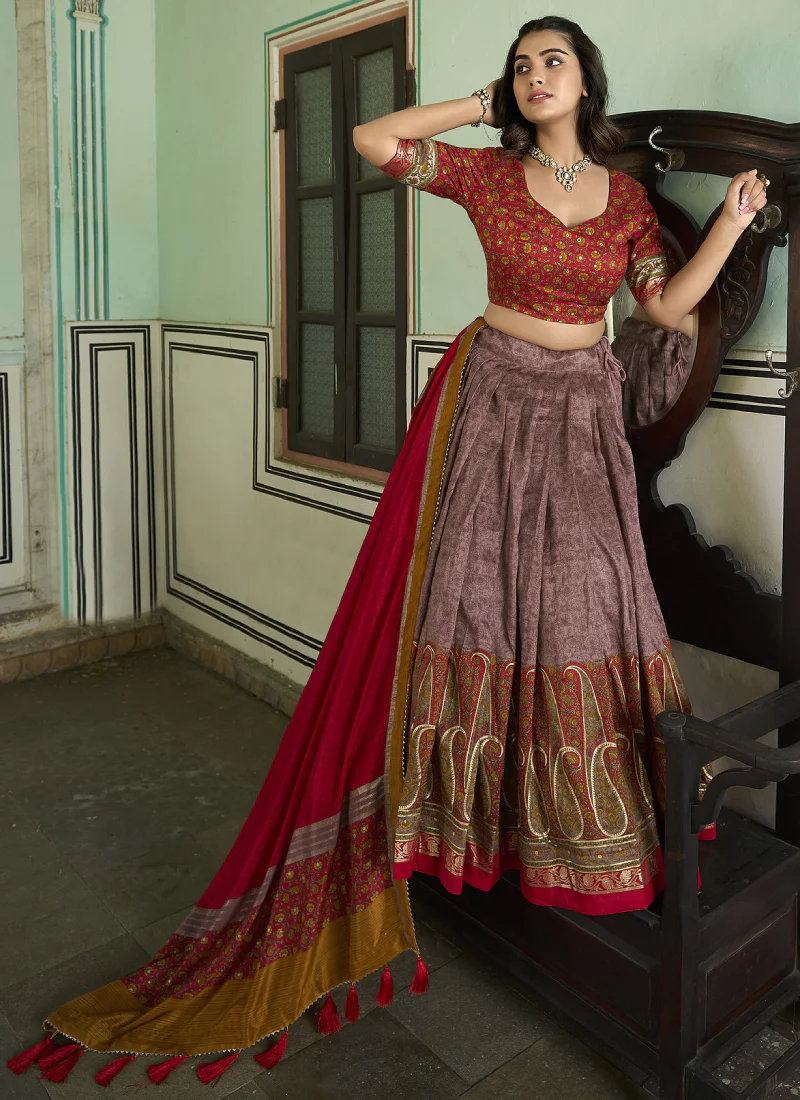 Prettiest Foil Printed Silk Dusty Purple Traditional Lehenga Choli - Image 3