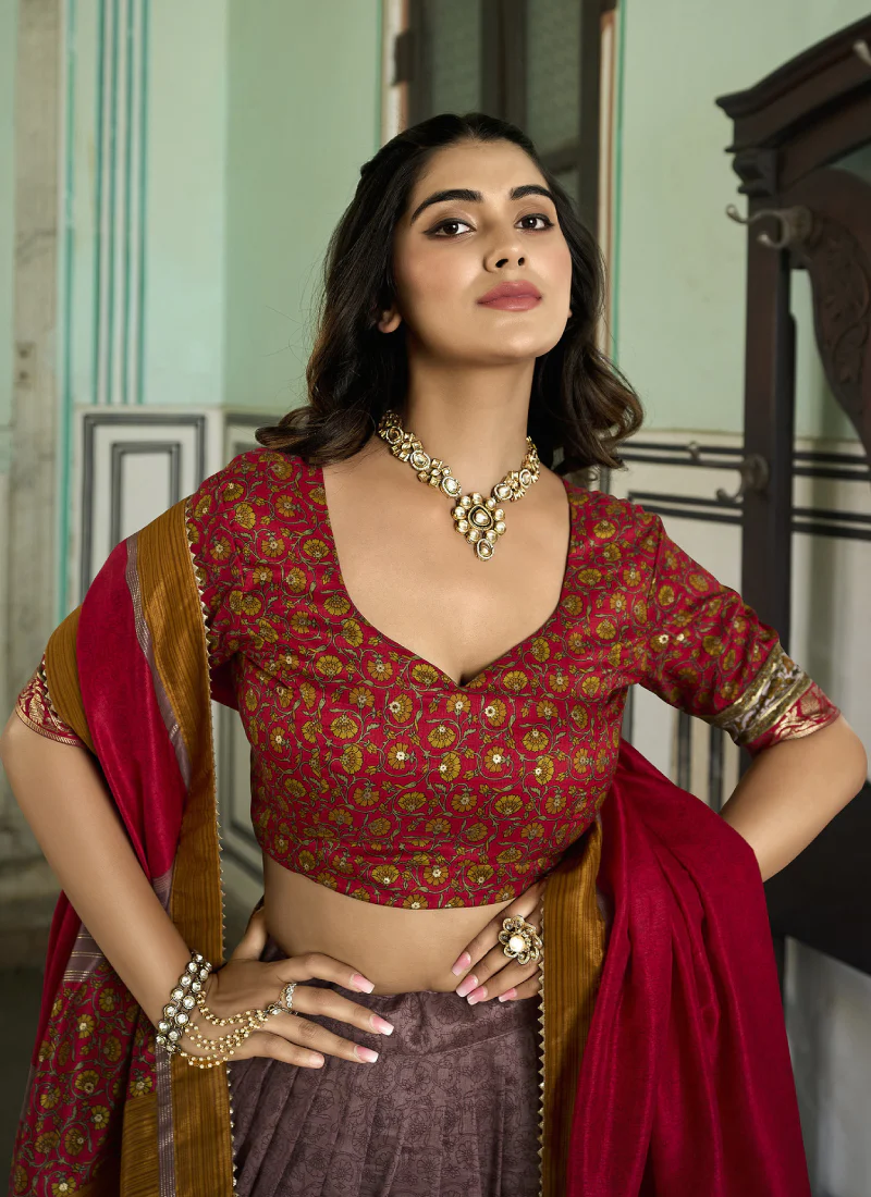 Prettiest Foil Printed Silk Dusty Purple Traditional Lehenga Choli - Image 4