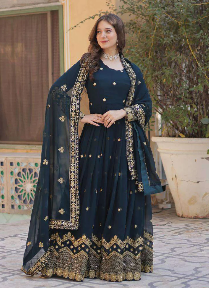 Prettiest Georgette Sequence Embroidered Blue Heavy Gown With Dupatta - Image 3