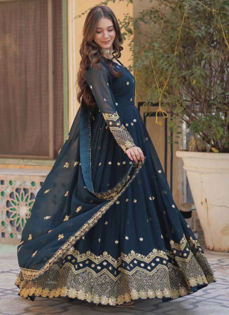 Prettiest Georgette Sequence Embroidered Blue Heavy Gown With Dupatta - Image 4