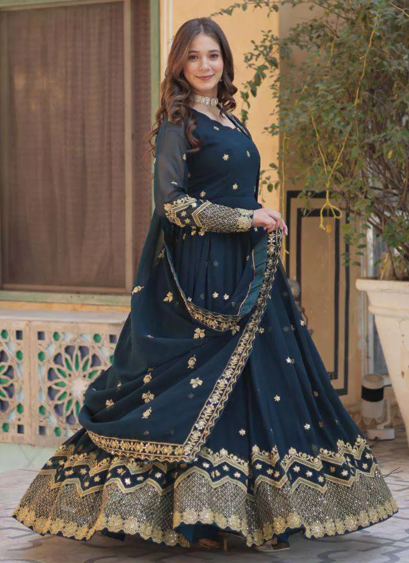 Prettiest Georgette Sequence Embroidered Blue Heavy Gown With Dupatta - Image 5