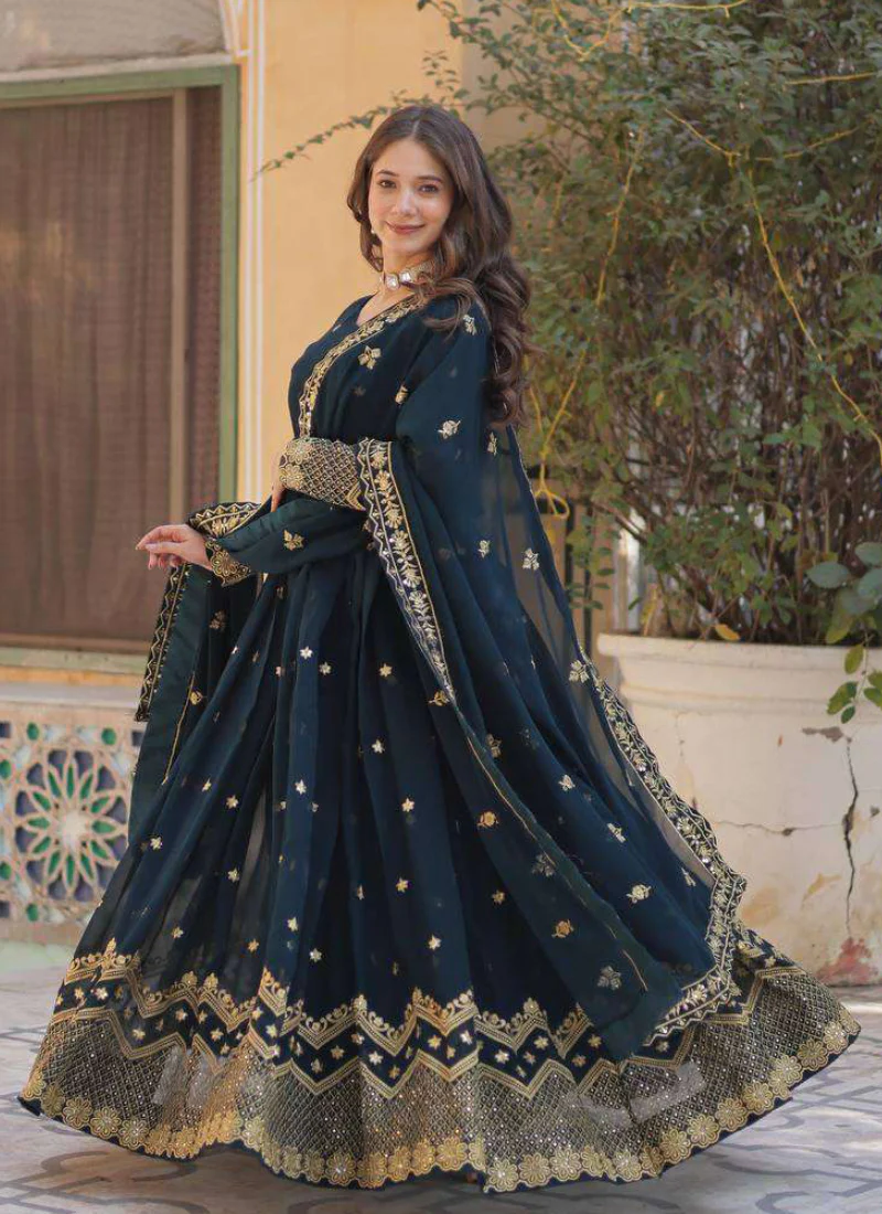 Prettiest Georgette Sequence Embroidered Blue Heavy Gown With Dupatta - Image 6