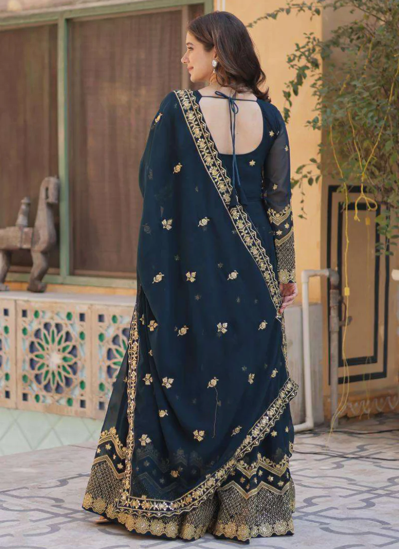 Prettiest Georgette Sequence Embroidered Blue Heavy Gown With Dupatta - Image 7