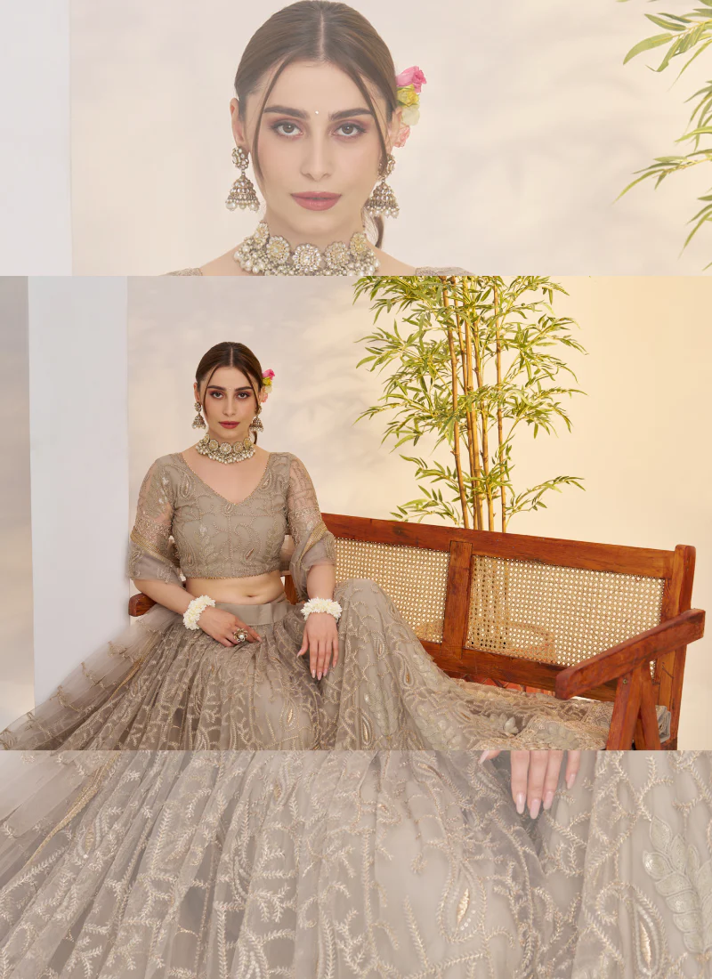 Prettiest Sequence Embroidered Cream Net Wedding Wear Lehenga Choli - Image 6